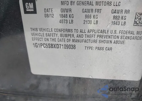 2013 Chevrolet Cruze 1Lt Auto из США, поврежденный, VIN 1G1PC5SBXD7109038